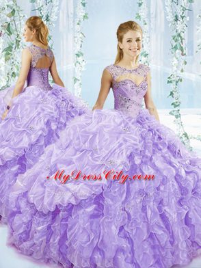 Charming Lavender Organza Lace Up Sweet 16 Dress Sleeveless Brush Train Beading and Ruffled Layers