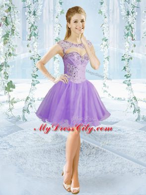 Charming Lavender Organza Lace Up Sweet 16 Dress Sleeveless Brush Train Beading and Ruffled Layers