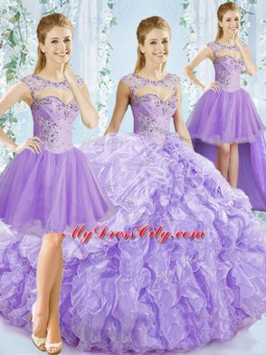 Charming Lavender Organza Lace Up Sweet 16 Dress Sleeveless Brush Train Beading and Ruffled Layers