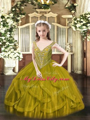 Most Popular Olive Green Lace Up Pageant Gowns For Girls Beading and Ruffles Sleeveless Floor Length