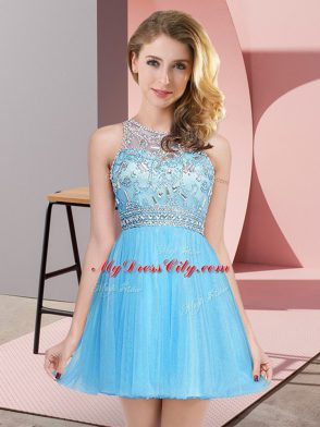 Attractive Baby Blue Empire Beading Homecoming Dress Zipper Tulle Sleeveless Mini Length