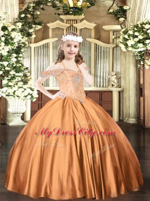 Superior Ball Gowns Kids Formal Wear Rust Red Off The Shoulder Satin Sleeveless Floor Length Lace Up