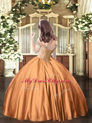 Superior Ball Gowns Kids Formal Wear Rust Red Off The Shoulder Satin Sleeveless Floor Length Lace Up