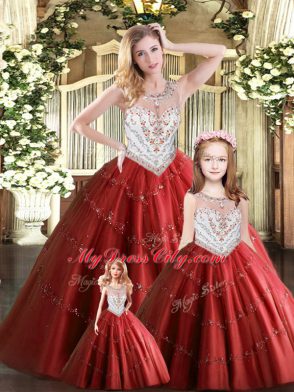 Beauteous Floor Length Wine Red Sweet 16 Dress Scoop Sleeveless Lace Up