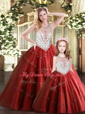 Beauteous Floor Length Wine Red Sweet 16 Dress Scoop Sleeveless Lace Up