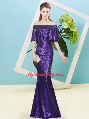 Top Selling Purple Off The Shoulder Zipper Sequins Prom Dress Half Sleeves