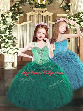 Sleeveless Organza Floor Length Lace Up Little Girls Pageant Dress in Dark Green with Beading and Ruffles