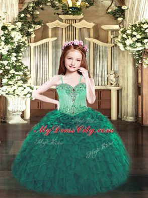 Sleeveless Organza Floor Length Lace Up Little Girls Pageant Dress in Dark Green with Beading and Ruffles