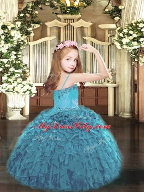 Sleeveless Organza Floor Length Lace Up Little Girls Pageant Dress in Dark Green with Beading and Ruffles