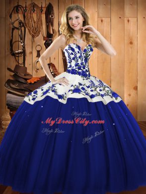 Modest Sweetheart Sleeveless Lace Up Quinceanera Gown Blue Satin and Tulle