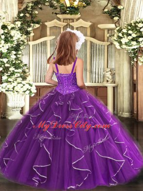 Popular Straps Sleeveless Lace Up Pageant Gowns For Girls Purple Tulle