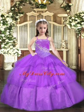 Purple Ball Gowns Straps Sleeveless Organza Floor Length Lace Up Beading and Ruffled Layers Pageant Dress Toddler