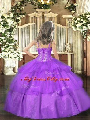 Purple Ball Gowns Straps Sleeveless Organza Floor Length Lace Up Beading and Ruffled Layers Pageant Dress Toddler