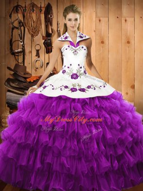 Fancy Eggplant Purple Lace Up Halter Top Embroidery and Ruffled Layers Sweet 16 Dresses Organza Sleeveless