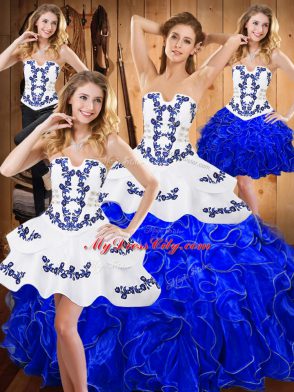 Satin and Organza Strapless Sleeveless Lace Up Embroidery and Ruffles 15th Birthday Dress in Blue And White