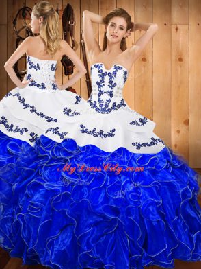 Satin and Organza Strapless Sleeveless Lace Up Embroidery and Ruffles 15th Birthday Dress in Blue And White