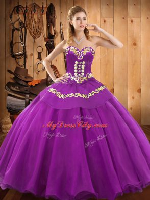 Latest Purple Ball Gowns Sweetheart Sleeveless Satin and Tulle Floor Length Lace Up Embroidery Quinceanera Dresses