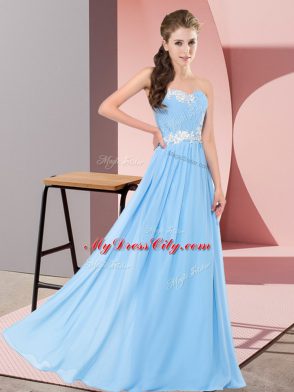 Aqua Blue Chiffon Lace Up Sweetheart Sleeveless Floor Length Appliques