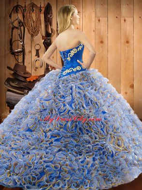 Super Multi-color Satin and Fabric With Rolling Flowers Lace Up Quinceanera Dress Sleeveless With Train Sweep Train Embroidery