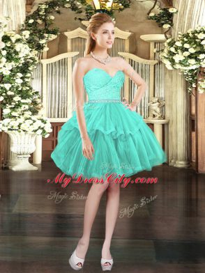 Gorgeous Aqua Blue Lace Up Prom Dresses Beading and Lace Sleeveless Mini Length