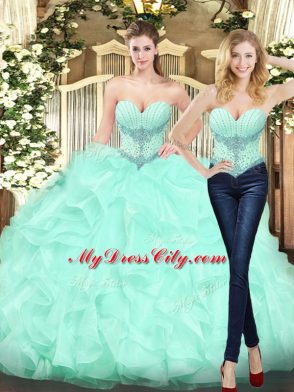 Floor Length Apple Green 15 Quinceanera Dress Organza Sleeveless Beading and Ruffles