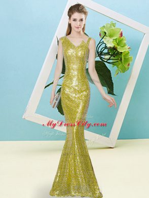 Most Popular Floor Length Mermaid Sleeveless Yellow Prom Evening Gown Zipper