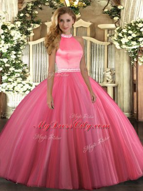 Free and Easy Ball Gowns Quinceanera Dress Coral Red Halter Top Tulle Sleeveless Floor Length Backless