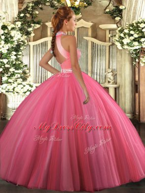 Free and Easy Ball Gowns Quinceanera Dress Coral Red Halter Top Tulle Sleeveless Floor Length Backless