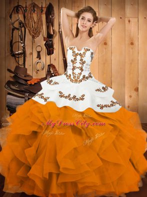 High Class Sleeveless Floor Length Embroidery and Ruffles Lace Up Quinceanera Gowns with Gold