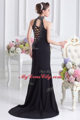 Glittering Elastic Woven Satin Sleeveless Prom Evening Gown Sweep Train and Beading