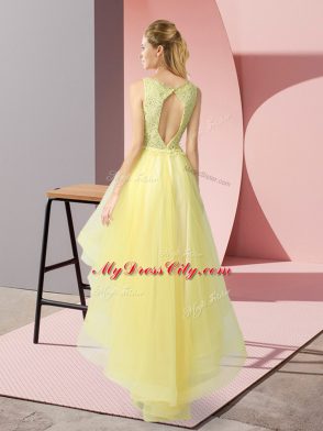 Affordable Yellow A-line Tulle V-neck Sleeveless Beading and Lace High Low Backless Wedding Guest Dresses