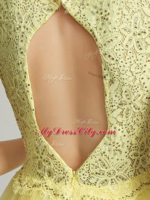 Affordable Yellow A-line Tulle V-neck Sleeveless Beading and Lace High Low Backless Wedding Guest Dresses