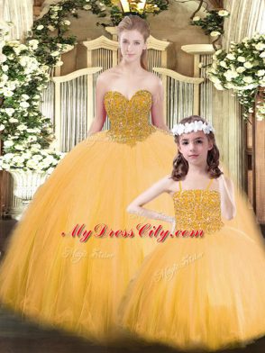 Best Selling Gold Tulle Lace Up 15 Quinceanera Dress Sleeveless Floor Length Beading