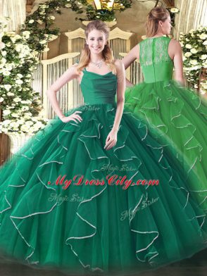 Chic Peacock Green Straps Zipper Ruffles Quinceanera Gown Sleeveless