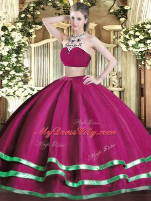 Latest Sleeveless Tulle Floor Length Backless Sweet 16 Dresses in Fuchsia with Beading