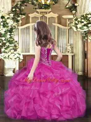 Popular Lavender Ball Gowns V-neck Sleeveless Organza Floor Length Lace Up Beading and Ruffles Little Girls Pageant Dress