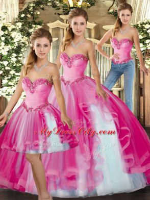 On Sale Fuchsia Organza Lace Up Sweet 16 Dress Sleeveless Floor Length Ruffles