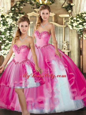 On Sale Fuchsia Organza Lace Up Sweet 16 Dress Sleeveless Floor Length Ruffles