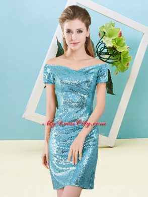 Super Aqua Blue Short Sleeves Sequins Mini Length Prom Dress