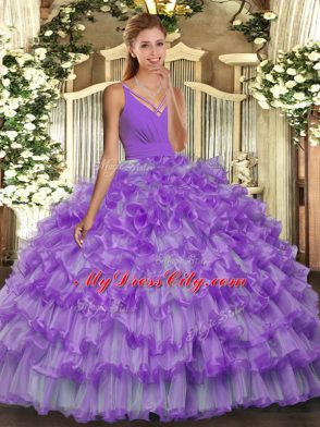 Suitable Lavender Organza Backless V-neck Sleeveless Floor Length Quinceanera Dress Beading and Ruffled Layers