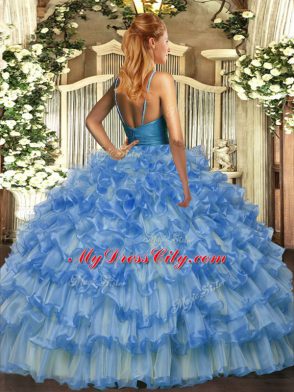 Suitable Lavender Organza Backless V-neck Sleeveless Floor Length Quinceanera Dress Beading and Ruffled Layers