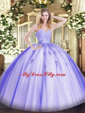 Lavender Tulle Lace Up Sweetheart Sleeveless Floor Length Sweet 16 Dresses Beading and Appliques