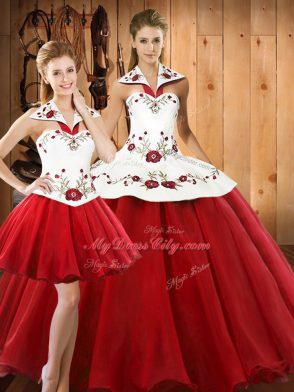 Nice Sleeveless Satin and Tulle Floor Length Lace Up Sweet 16 Quinceanera Dress in Wine Red with Embroidery