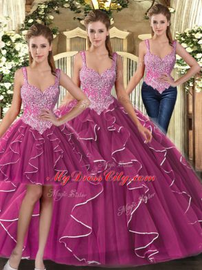 Floor Length Fuchsia Quinceanera Gowns Straps Sleeveless Lace Up