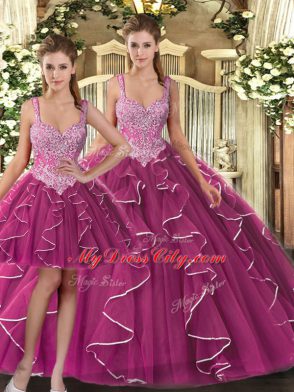 Floor Length Fuchsia Quinceanera Gowns Straps Sleeveless Lace Up