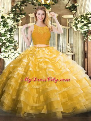 Scoop Sleeveless Zipper Sweet 16 Quinceanera Dress Gold Organza