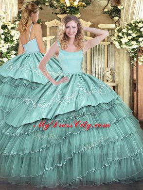 Floor Length Blue Sweet 16 Dresses Organza Sleeveless Embroidery and Ruffled Layers