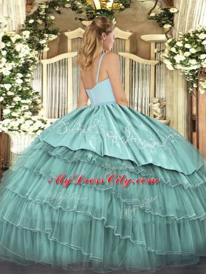 Floor Length Blue Sweet 16 Dresses Organza Sleeveless Embroidery and Ruffled Layers