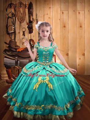 Sleeveless Satin Floor Length Lace Up Pageant Dress Toddler in Aqua Blue with Beading and Embroidery