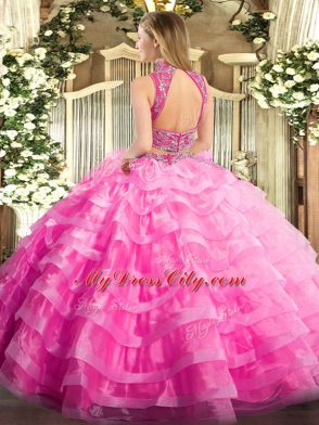 Captivating Rose Pink Tulle Backless High-neck Sleeveless Floor Length Quinceanera Dress Beading and Ruffled Layers